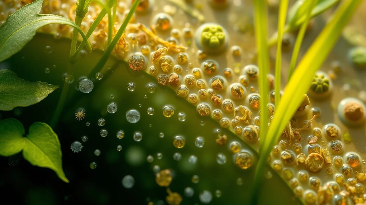 A detailed illustration of micro life in a pond, with various microorganisms and algae visible among the water plants, capturing the complexity of life at a microscopic level.