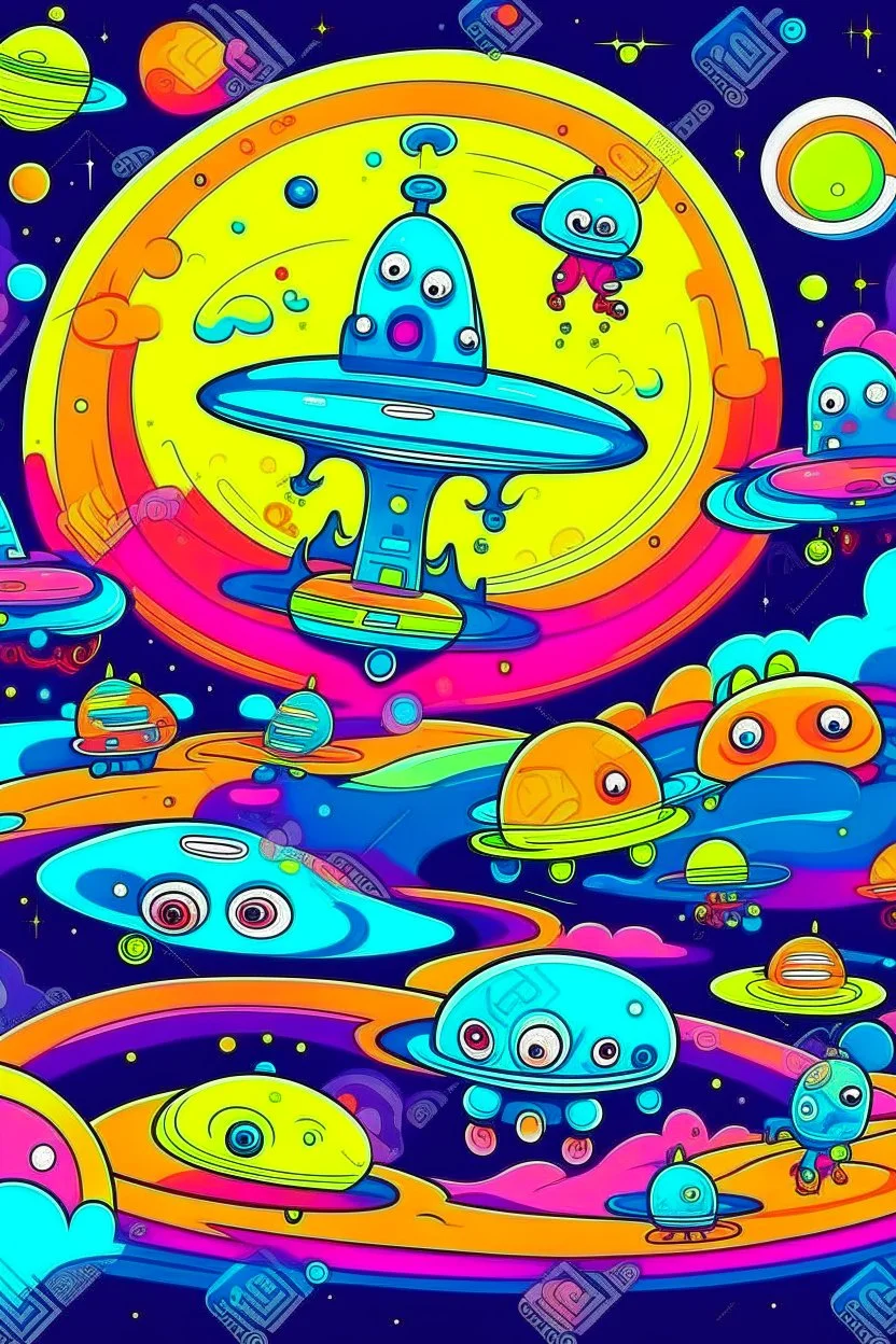 /imagine kids illustration space scene with monsters and flying saucers, cartoon style, thick lines, low detail, vivid color --ar 85:110