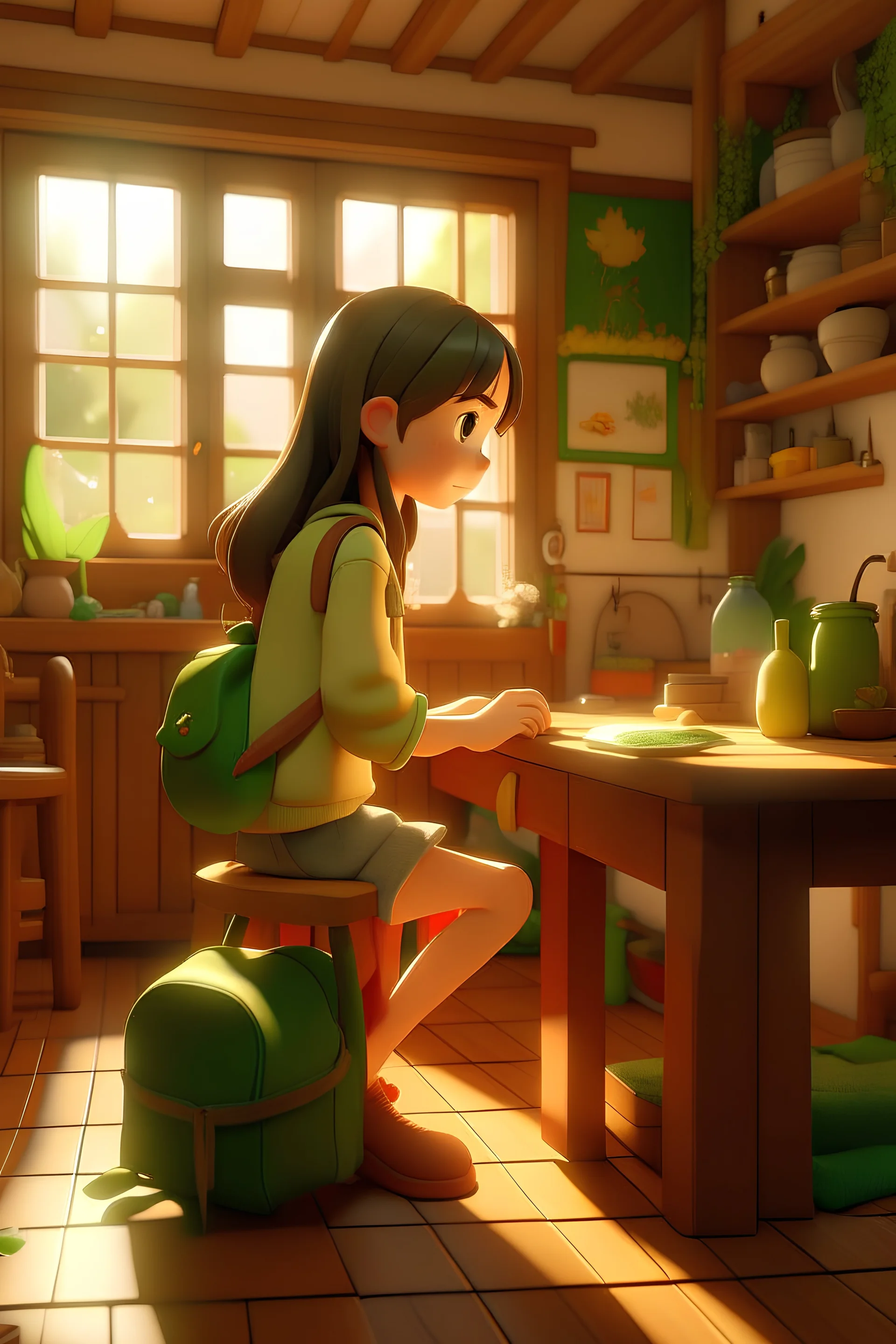 3D Animation, personality: [The camera enters a cozy cottage, the Protagonist's home. The room is filled with warm sunlight, casting a gentle glow on the furniture and belongings. Eva, a young and adventurous girl with a determined expression, is seen packing her bag with essentials on a wooden table. She carefully ties her hair with a bright green ribbon, her face radiating excitement and anticipation for the upcoming journey.] unreal engine, hyper real --q 2 --v 5.2 --ar 16:9