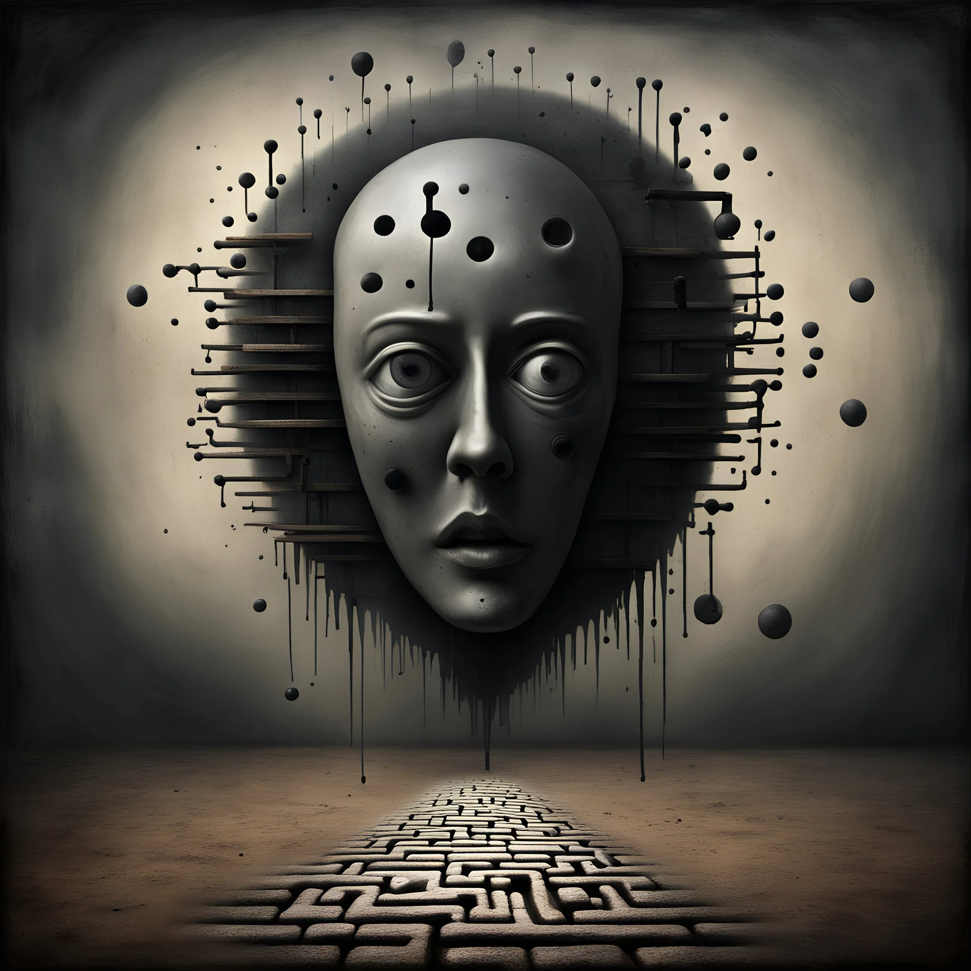 creative surreal horror composition in style of John Jude Palencar and Ben Goossens, divorced from reality, dark shines, surreal oil painting masterpiece, sinister weird, abstract braille glyph vertical textures