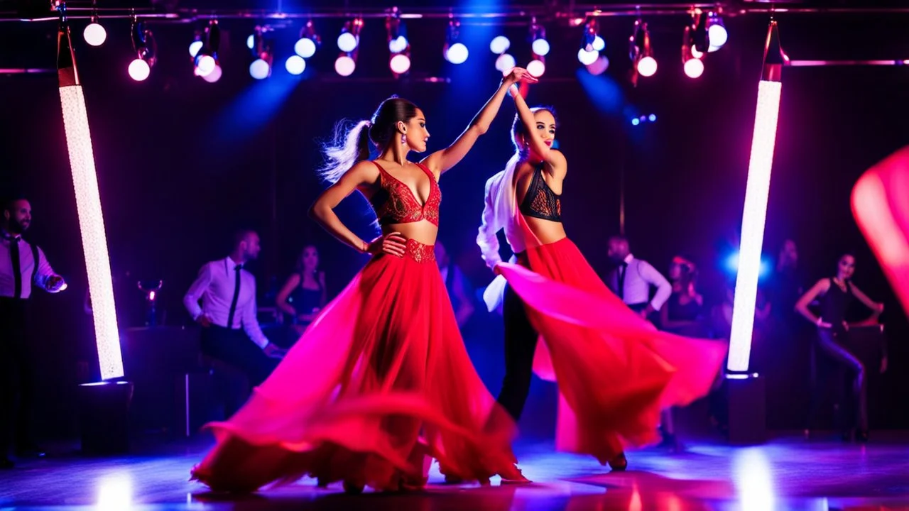 beautiful spanish dancers group dancing in luxury night club with dynamic lights