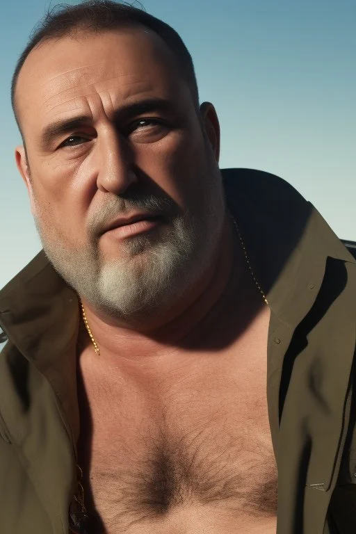 full body shot photography of an Italian sicilian taxi driver burly ugly sitting in the taxi, chubby tired 55 years old driving shirtless, bullneck, thin gold chains, short beard, sweat, short hair, bulge, robust, manly chest, looking down, big shoulders,, photorealistic, side light, ambient occlusion, tired eyes. 35mm lens, internal view inside the Taxi