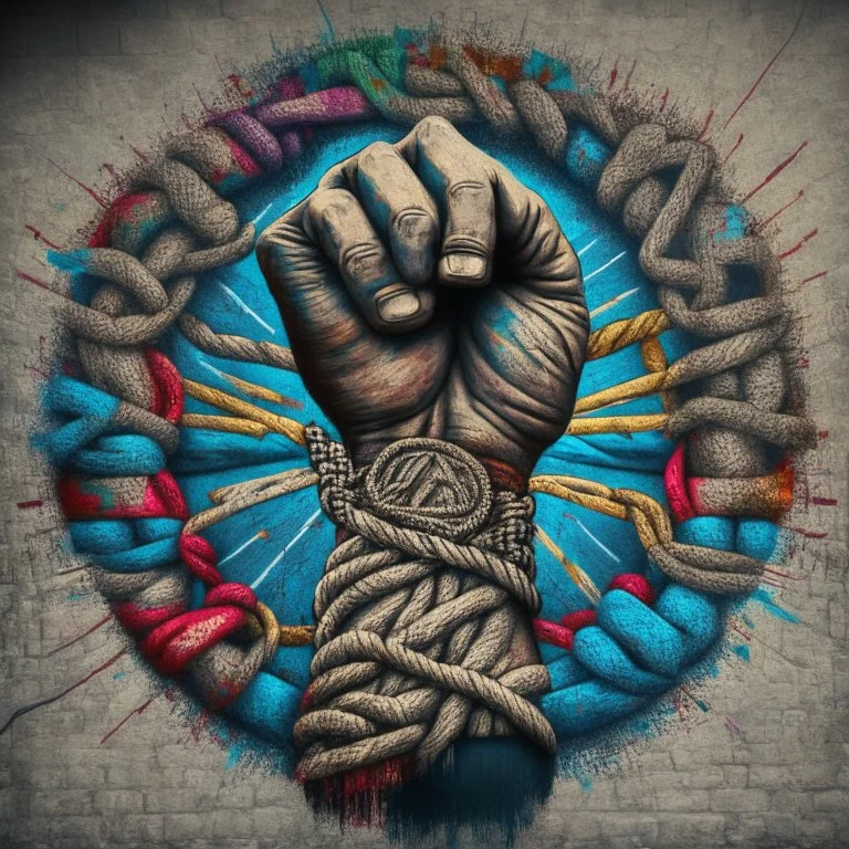 A knotted fist made with different designs from the revolution of different countries. Art - Tradition - Revolution - Dictator - Mural - Freedom - People 4k, full details, high resolution