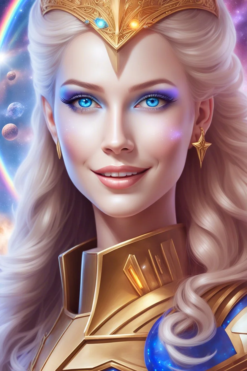 cosmic woman smile, admiral from the future, one fine whole face, crystalline skin, expressive blue eyes,rainbow, smiling lips, very nice smile, costume pleiadian, Beautiful tall woman pleiadian Galactic commander, ship, perfect datailed golden galactic suit, high rank, long blond hair, hand whit five perfect detailed finger, amazing big blue eyes, smilling mouth, high drfinition lips, cosmic happiness, bright colors, blue, pink, gold, jewels, realist, high,rainbow commander