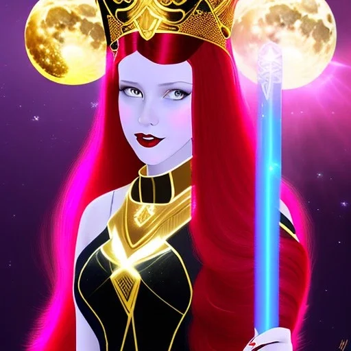 Attractive young teenage girl with golden fire red hair wearing a galactic tiara, who is dressed like a witch casting a spell with a quarterstaff with a moon on the n, she has cat ears and open dazzling blue eyes, has a normal nose, background is realistic space, the girl is on a planet, black goth girl dress, full body portrait, arm colors gradient effect into stars, rendered, unity 3d, unreal engine, dslr, hdr, 4k, edited, photorealistic, normal number of appendages, freckles, artists rendered