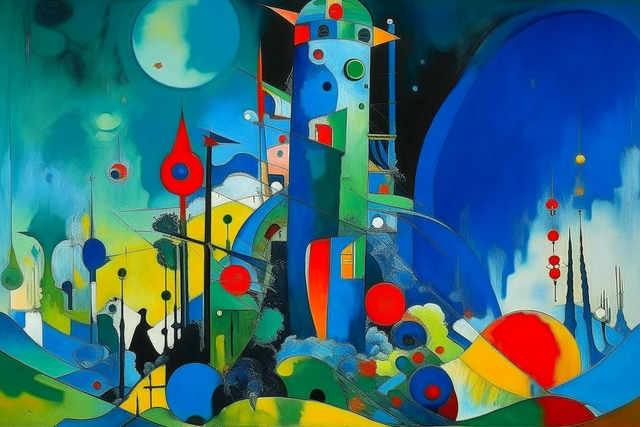 A bluish green tower in a toxic jungle painted by Wassily Kandinsky