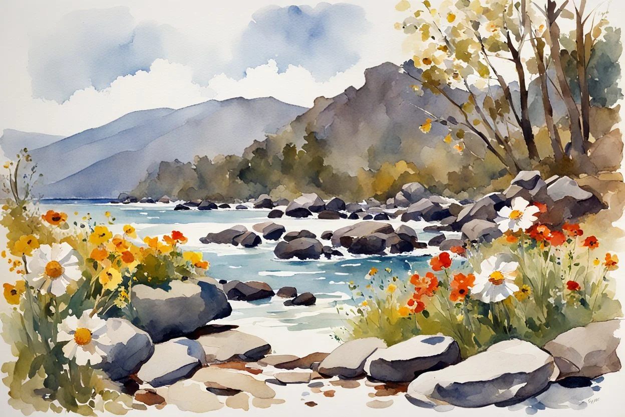 Sunny day, spring, flowers, rocks, mountains, epic, winslow homer watercolor paintings