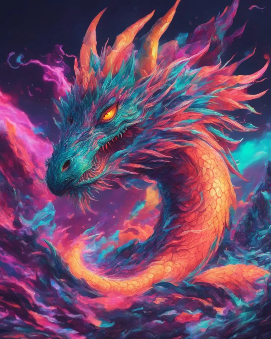 Close up shot, Dragon in a vibrant synthwave dreamscape, neon chaos swirling energetically around pixelated forms, a dynamic fusion of retro gaming nostalgia and futuristic abstraction