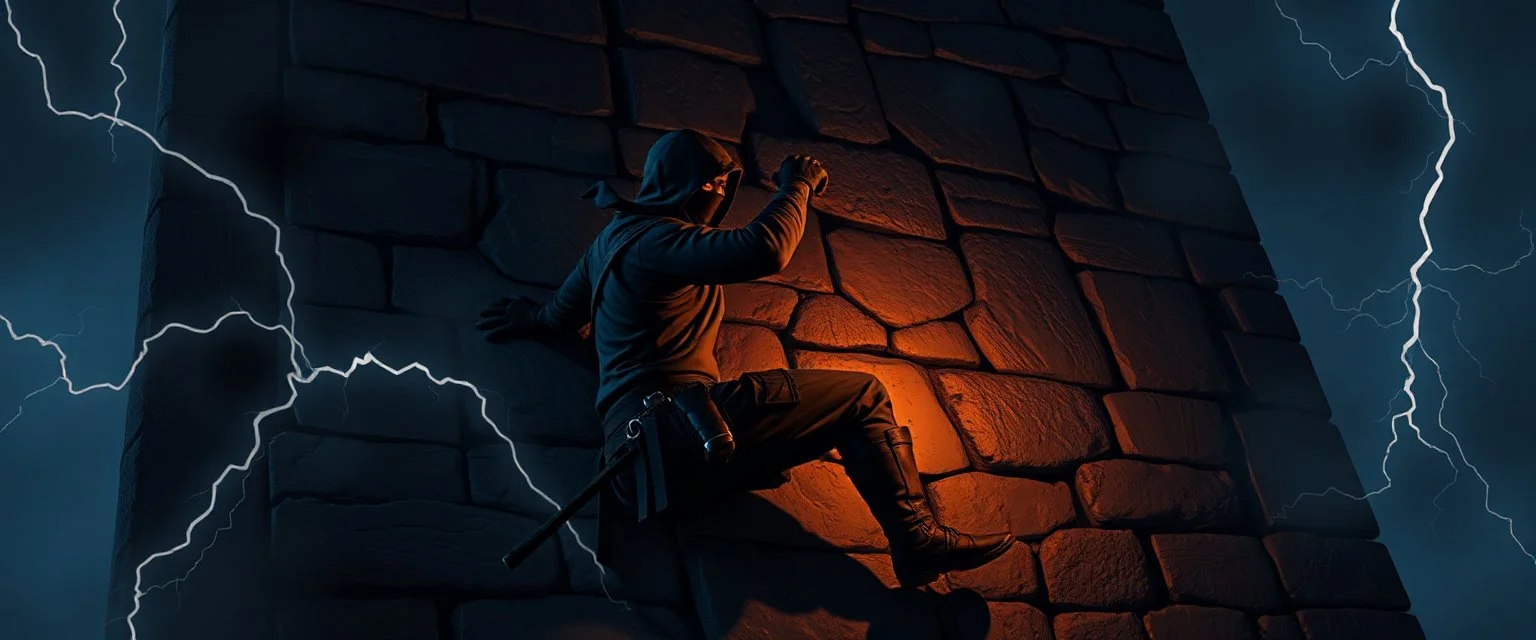 d&d professional ninja thief climbing a wall during lightening