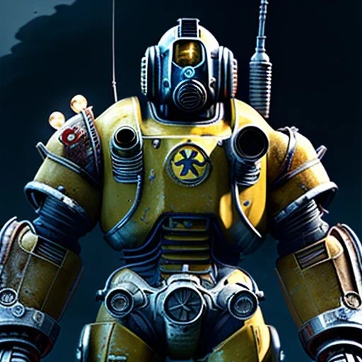 fullbody Drawing of 'Fallout 4 T-60 power armor ',intricate detail,andrea bonelli,Kilian Eng,Ohrai,evan lee,Aleksandr Sidelnikov,KyuYong Eom,three quarters frontal aerial view,toned colors,16k