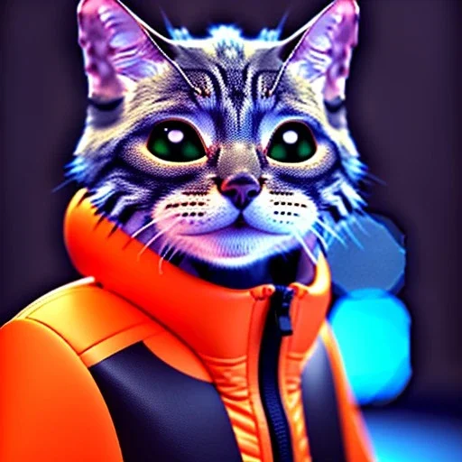 Scottish cat toddler, smile, cyberpunk headphone, sunglass, gangsta neckless, full body, orange puffer jacket, tokio background, dramatic lighting, hyper realistic, unreal engine 5, 16k