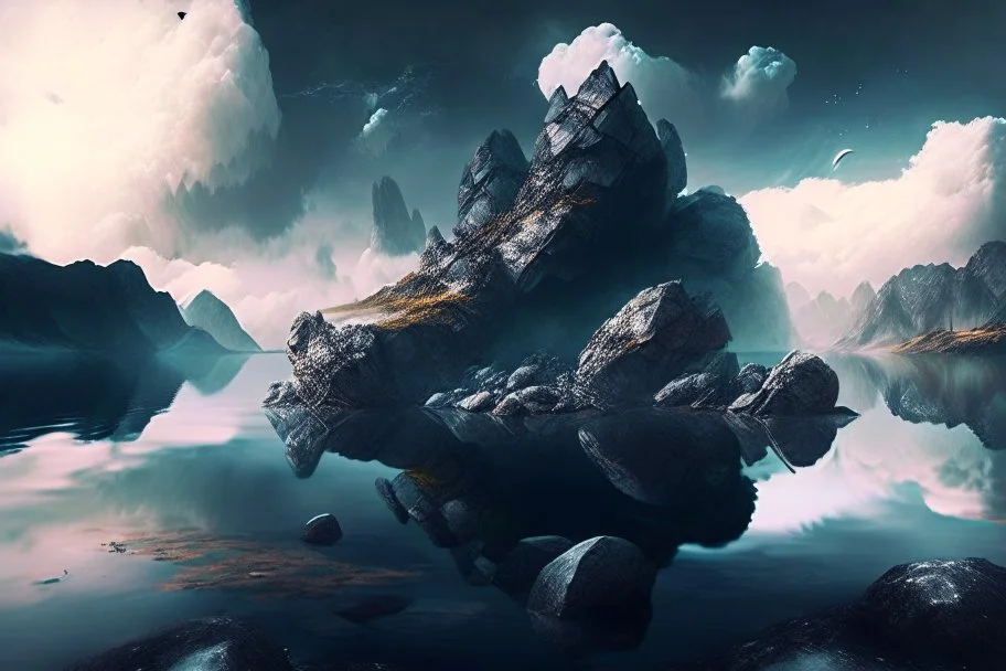 rocks, lake, clouds, epic, sci-fi