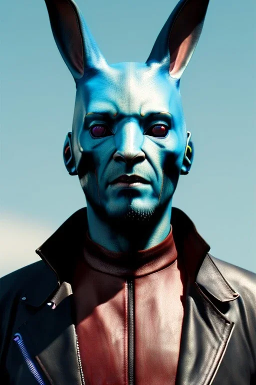 Medium Close Up Portrait, Front image. cyberpunk, rabbit mask, us man, white Rasta hair. leather suit. White, blue, red, color. Akira style. Color background, photo studio. Avatar image, highly detailed, concept art, smooth, unreal engine 5, god rays, ray tracing, RTX, lumen lighting, ultra detail, volumetric lighting, 3d, finely drawn, high definition, high resolution.