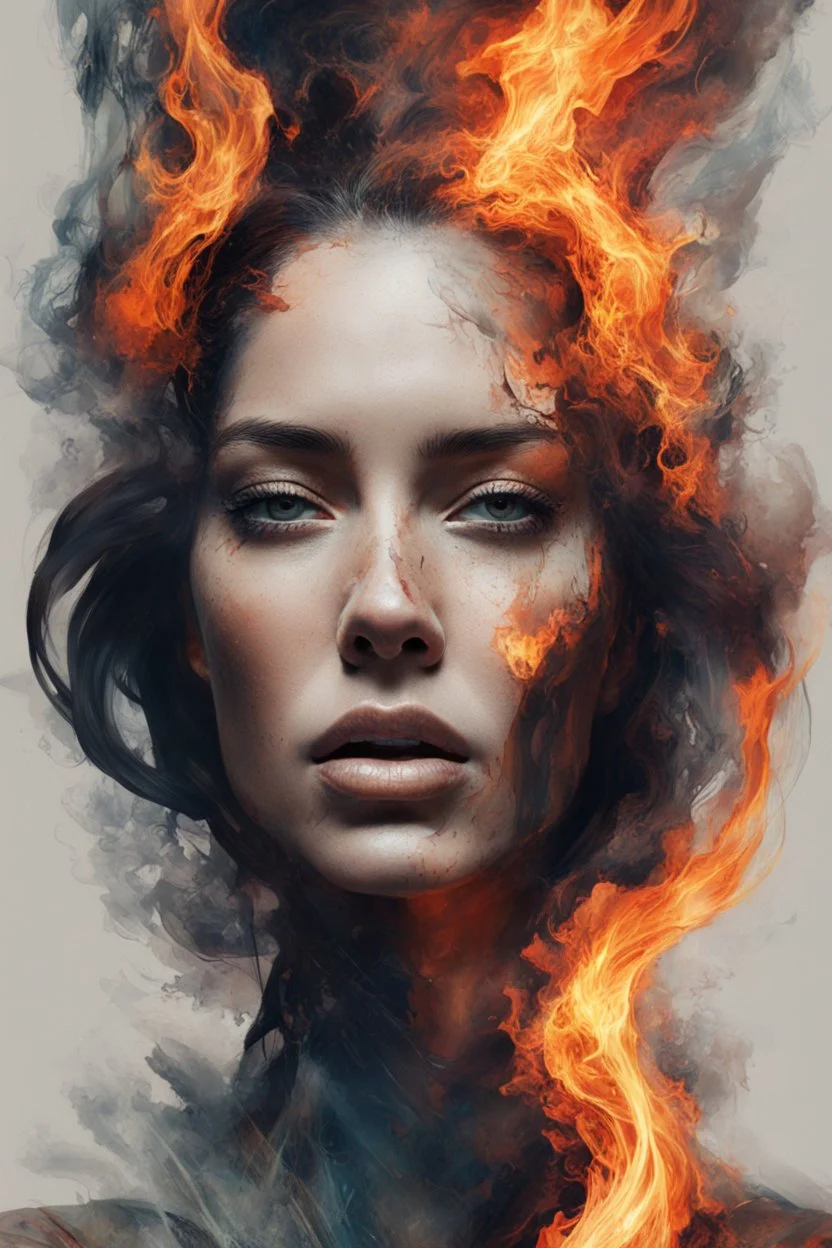 An abstract and captivating digital artwork featuring a portrait of a woman with burning edges