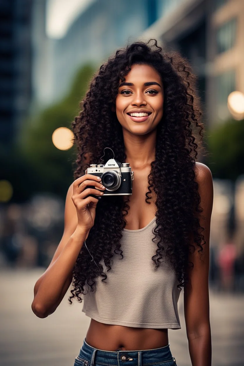 A realistic selfie-style self-portrait of a confident influencer aged 18-37 in an urban setting, dressed in trendy sportswear or beachwear to showcase her slender figure. Her creative curly black hair shines under softbox lighting accentuating her flawless skin. The vintage camera shot with a macro lens introduces a charming bokeh effect. Every detail, from her complexion to body contour, is outlined for a high-quality image –ar 4:5 –testp –upbeta –octane.