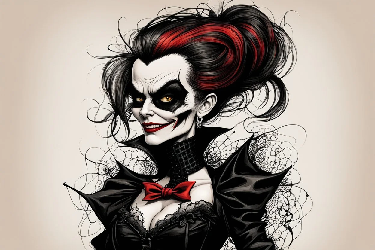 create a caricature of a savage, sullen, gothpunk vampire girl with highly detailed and refined facial features and hair, clothed in an ornate Gothic rags and fishnet stockings, in the caricature cartoon style of Gerald Scarfe and Ralph Steadman, precisely drawn, boldly inked, vividly colored, 4k