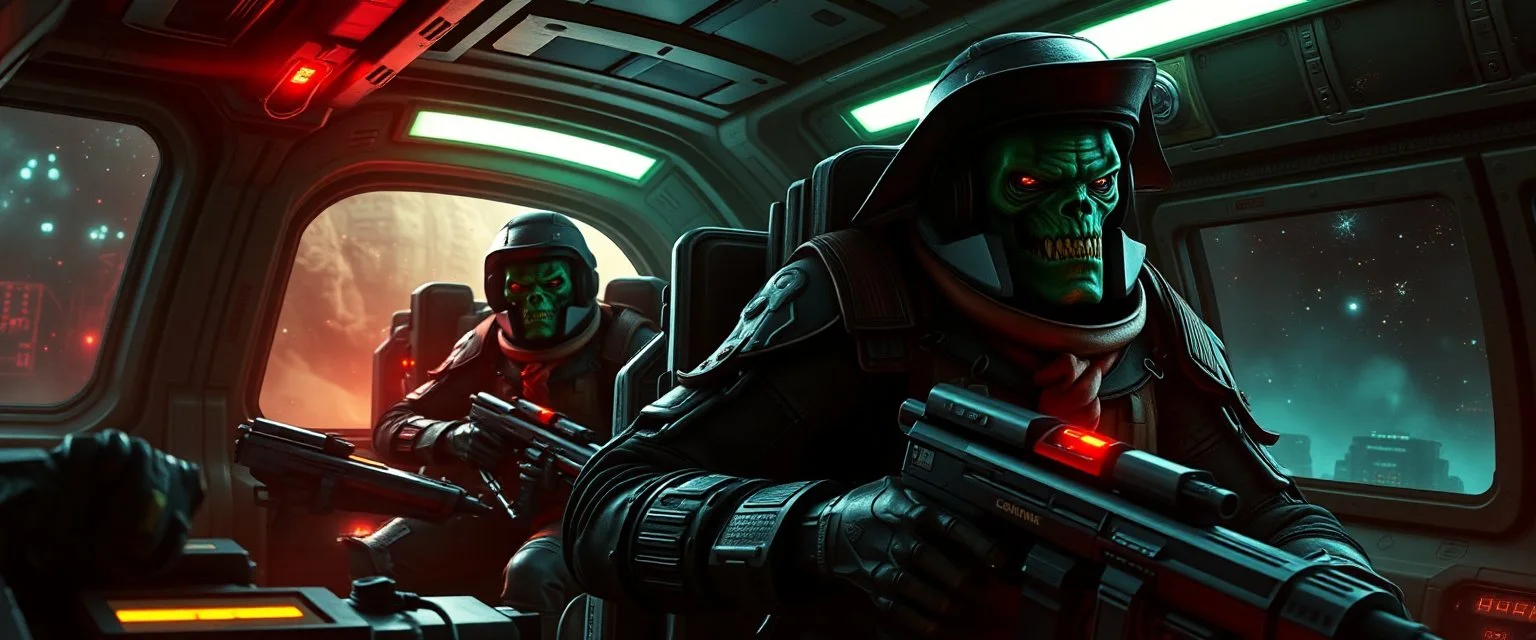 cowboy astronauts in a spaceship cyberpunk warhammer madness, alien hiding in the shadows, space alien orc