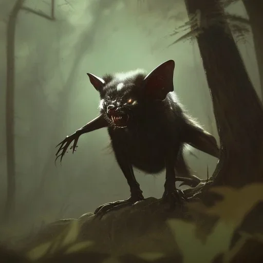 franz frazetta style, vampire bat lurking in the forest clearing, night