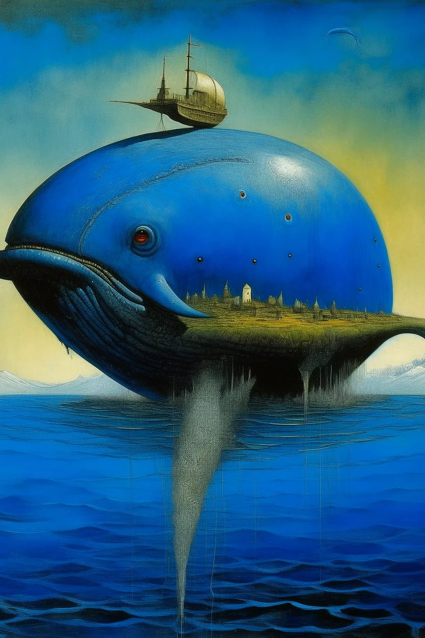 A blue water elemental whale painted by Max Ernst