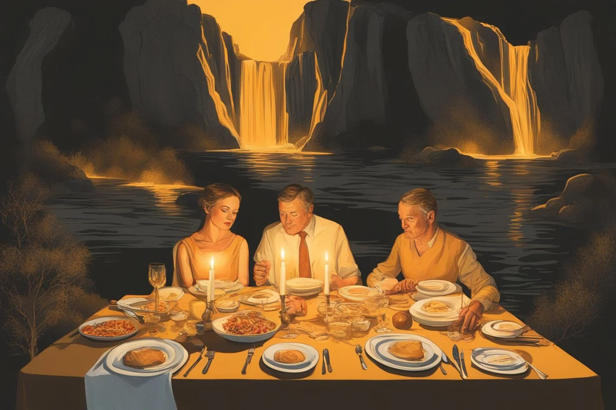 ochre caricarure of dinner in candlelight, double exposure waterfall landscape at night