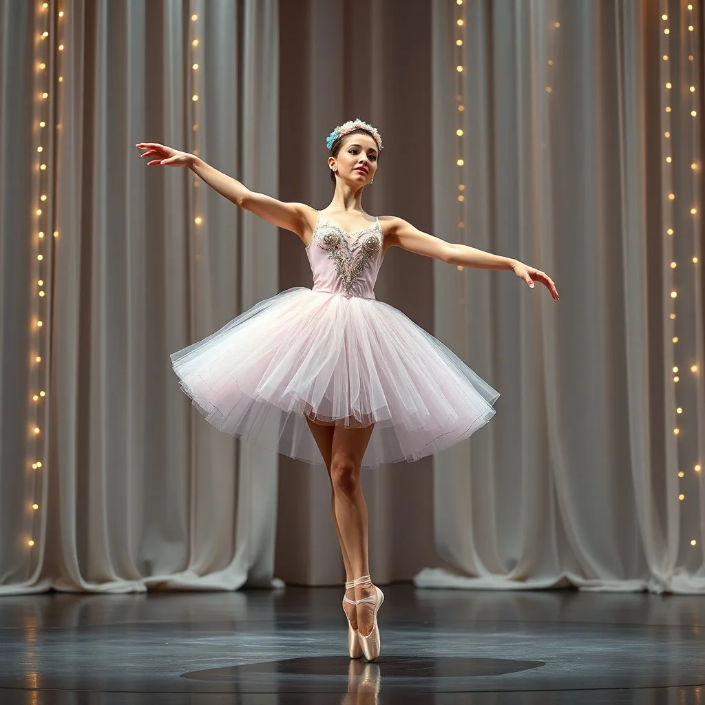 a beautiful balerina in pretty clothing in a modern cifi stage in her performance cinamatic lights .
