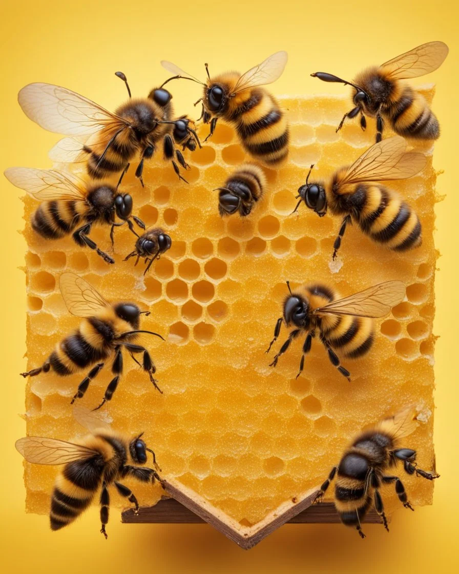 bees flutter over the hive, behind there is a honey yellow background and honeycombs