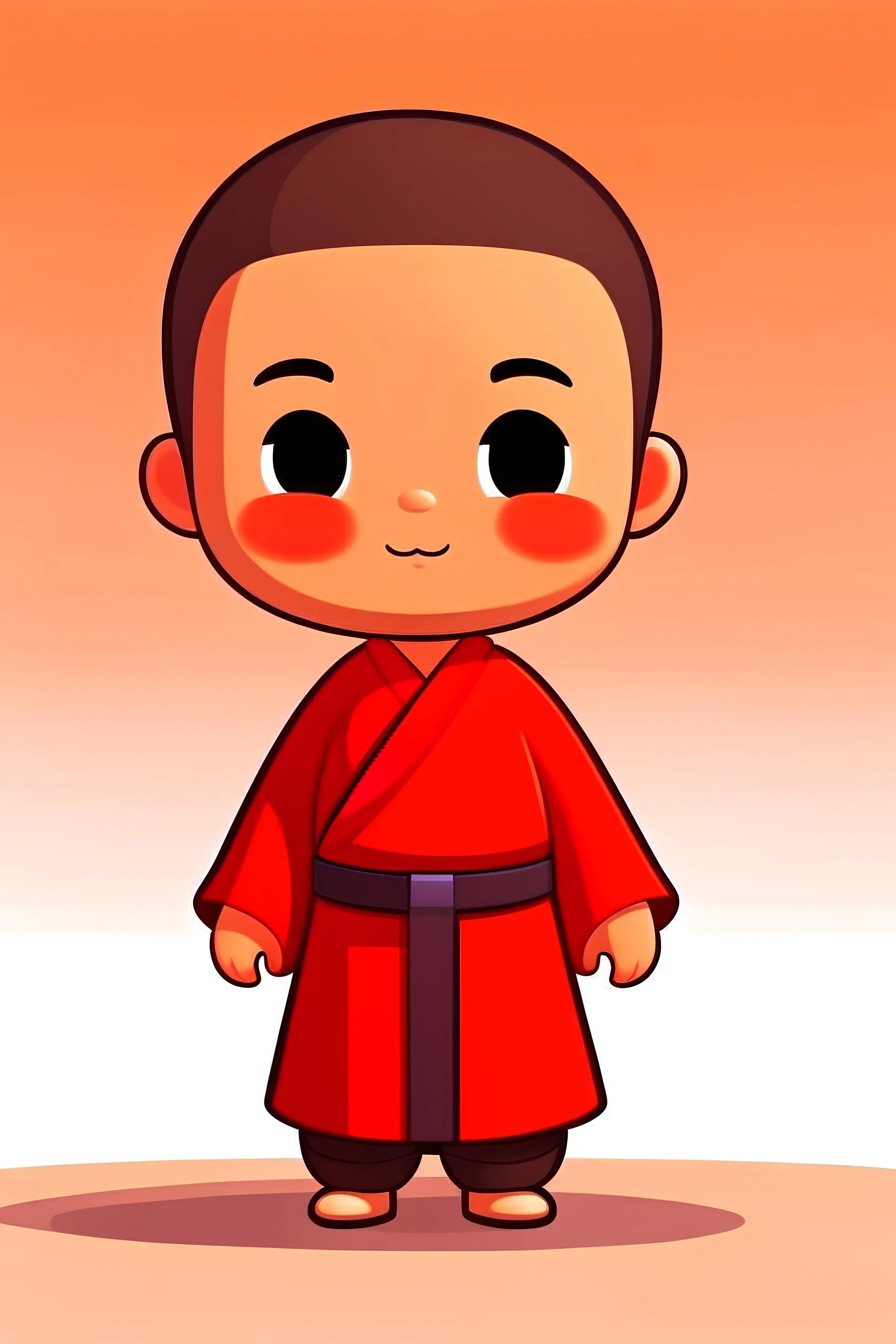 super cute Buddhist monk standing, super little cute face, furry, black haired, adorable and clear eye