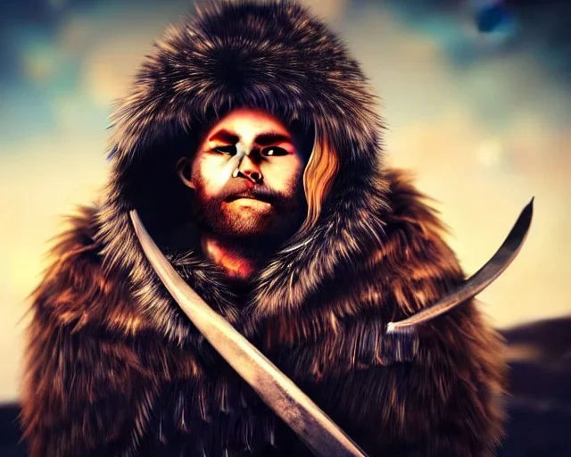 a sad and lonely viking looking up at the stars at night, hyper realistic, 8k, insane detail, atmospheric background, crying eyes, big fur coat, long braided hair, sharp focus, soft background, dynamic lighting, viking helmet, night time, sad mouth, sad eyes,