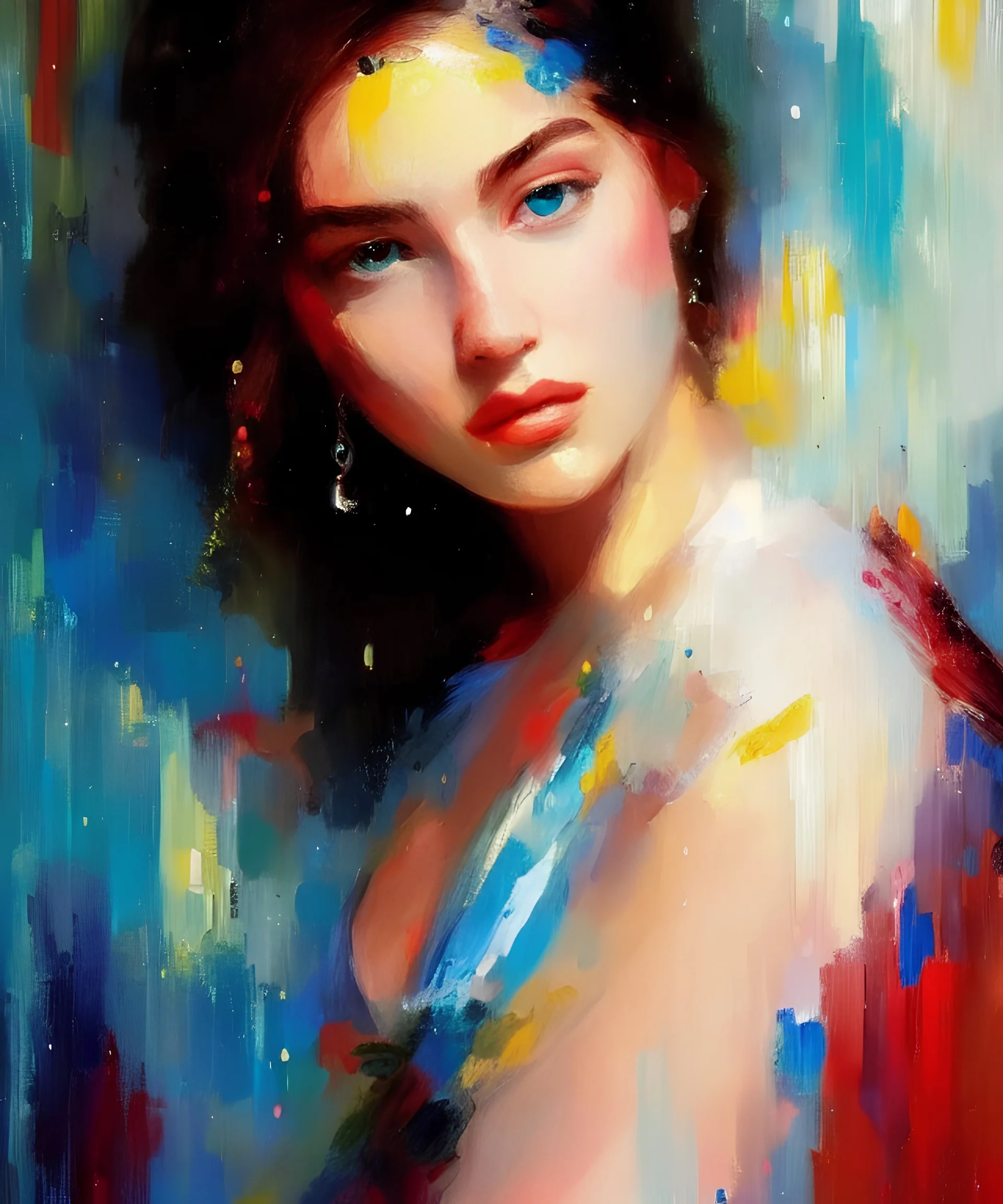 Masterpiece, best quality, The Face of the Curious Female by Bryen Frost rework. trace light, painted impressionist brush strokes. Paint spatters, drips, drabs, dynamic, artstation, Eliza Ivanova