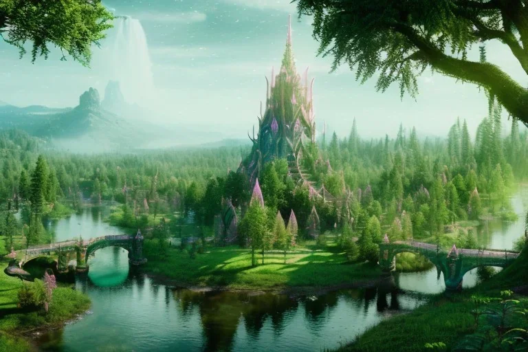 Magical fantasy elven city tower forest rivendell tree flower pink green yellow beautiful nature river 4k full hd