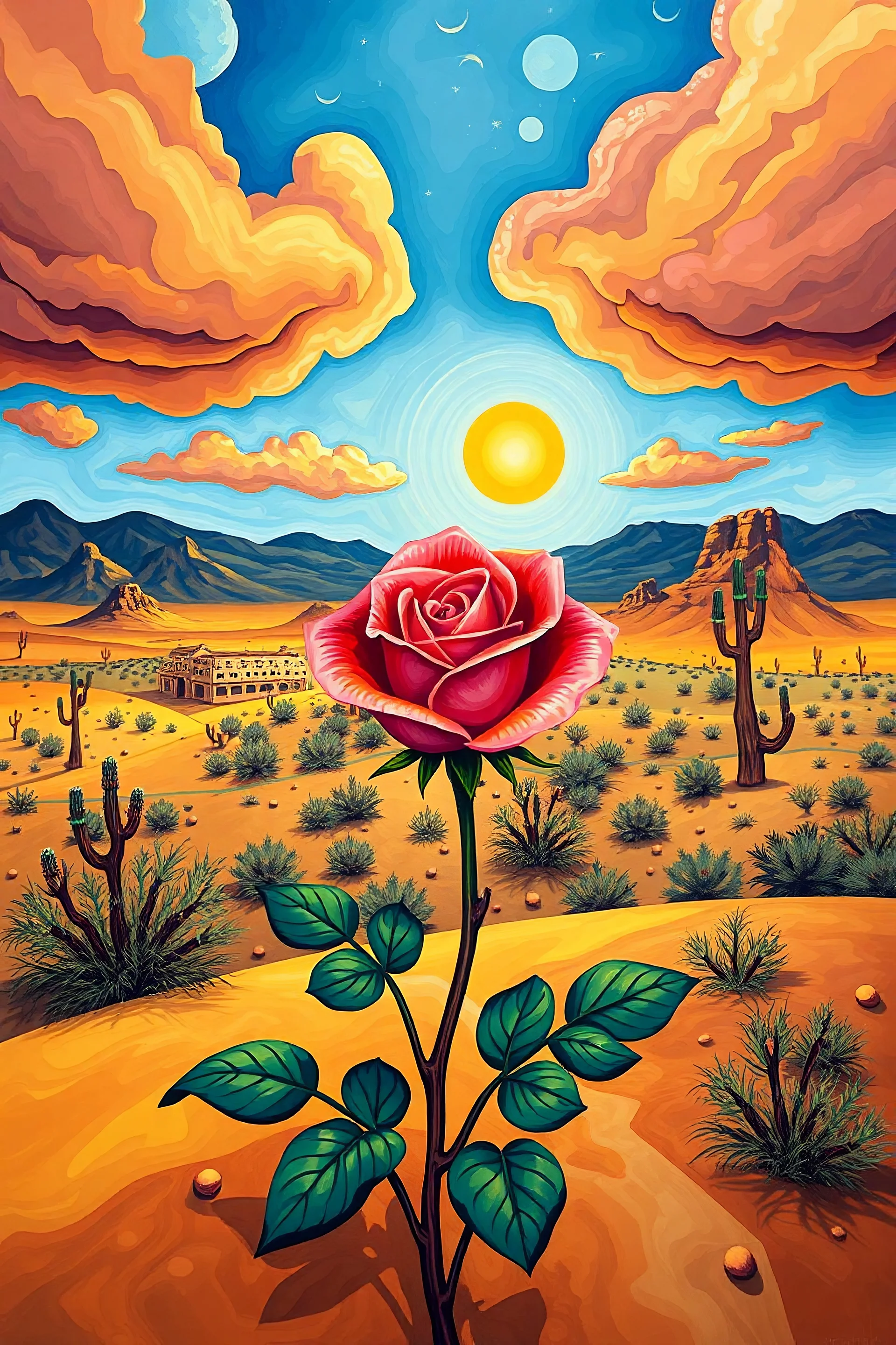 Painting of Beautiful Rose in the desert landscape in Salvador Dalí style in 24 colors for painting by-numbers kit