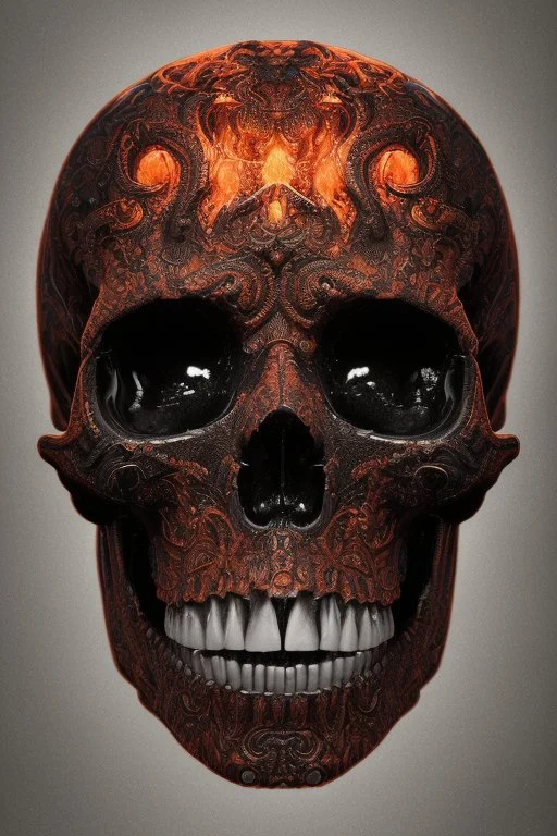 A beautiful highly detailed ornate intricate portrait of a flaming demon skull made of shiny obsidian glass :: reflective, glassy :: subtractive lighting, backlit :: by John William Waterhouse, Greg Rutkowski, HR Giger :: hyperrealistic, hyper detailed, photorealistic :: epic, incredible composition, amazing depth, meticulously composed, 16k resolution concept art :: fantasy magazine cover art