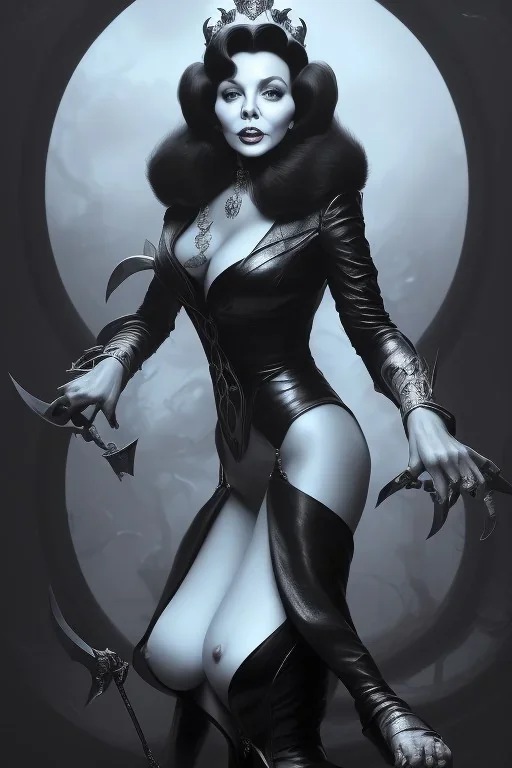 Joan Collins as evil queen in black leather, leather, busty, cleavage, angry, stern look. character design by cory loftis, fenghua zhong, ryohei hase, ismail inceoglu and ruan jia. unreal engine 5, artistic lighting, highly detailed, photorealistic, fantasy