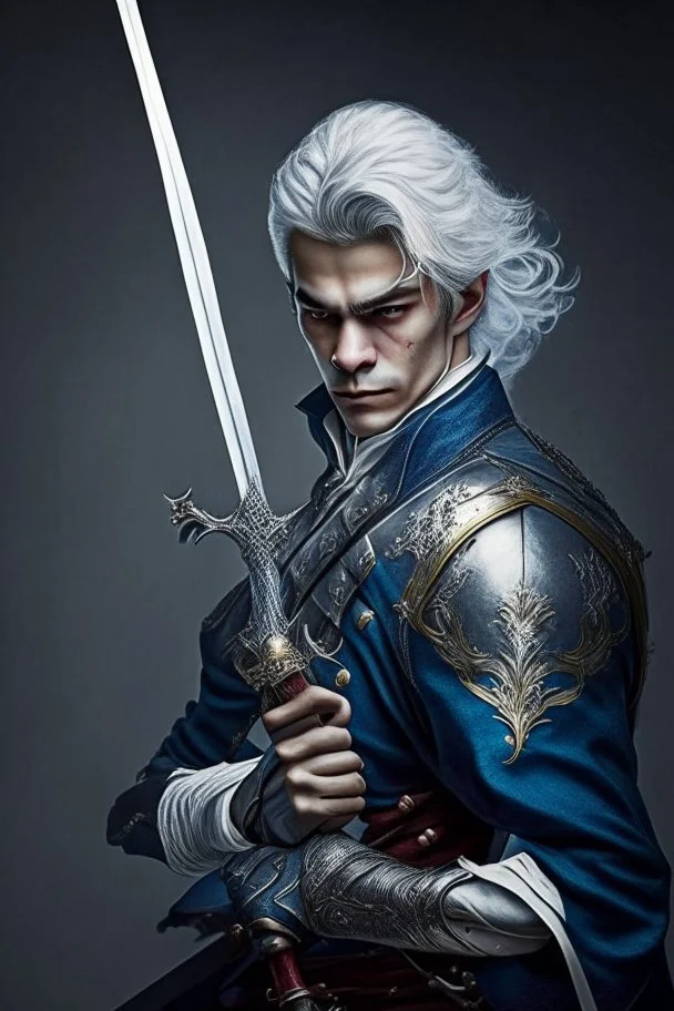 european gray hair young adult royal guard swordsman with rapier duelist