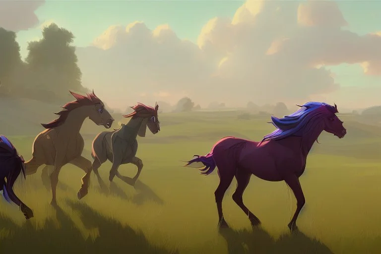 illustration fantasy horses of different colors in a field from afar