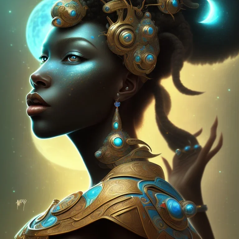 sango fantasy, fantasy magic, intricate, sharp focus, illustration, highly detailed, digital painting, concept art, matte, masterpiece head sexy view black African beauty black afro hair space lady turquoise carp skin African space landslide