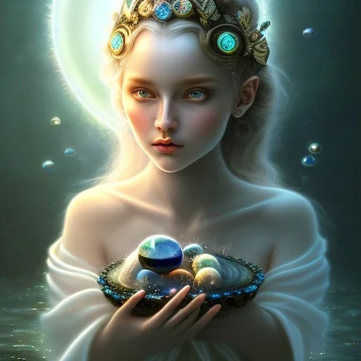 close up of cute little poet in water with halo, wearing soft robes and blue gloves holding obsidian perl,dark stone statue, lively eyes,hidden hands, framed by foliage, shiny eyes, runes