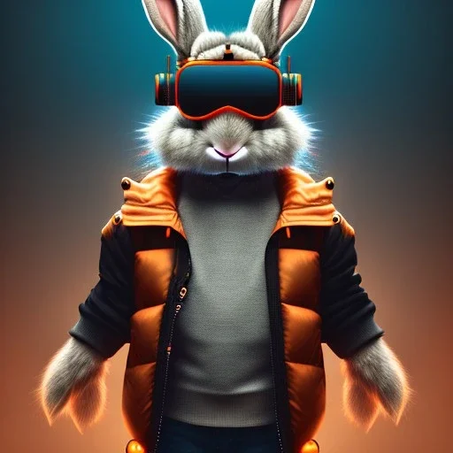 Rabbit toddler, smile, steampunk headphone, sunglass, gangsta neckless, full body, orange puffer jacket, manila background, dramatic lighting, hyper realistic, unreal engine 5, 16k