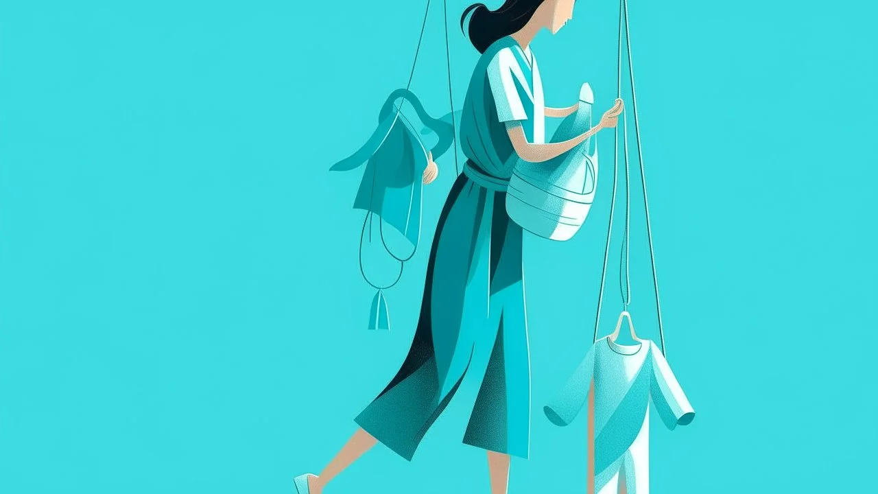 A digital illustration of a woman walking carrying a child in a sling, on an aquamarine blue background, with clothes hanging on a line nearby