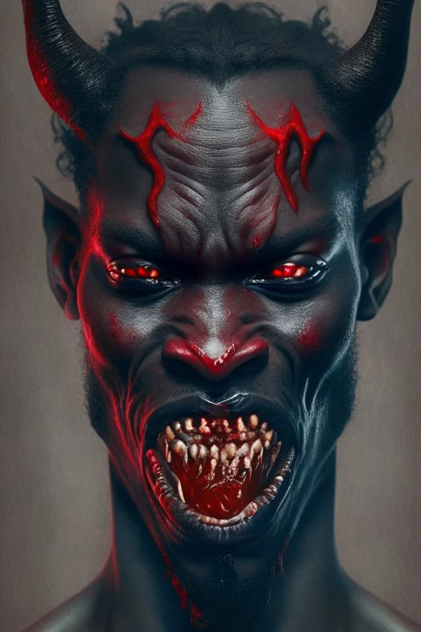 Portrait of a demon with black skin, with no eyes, a long red tongue