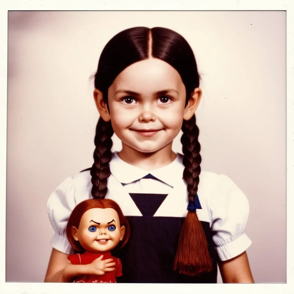 wednesday addams as a child, braids, with a chucky doll, polaroid, 1970s