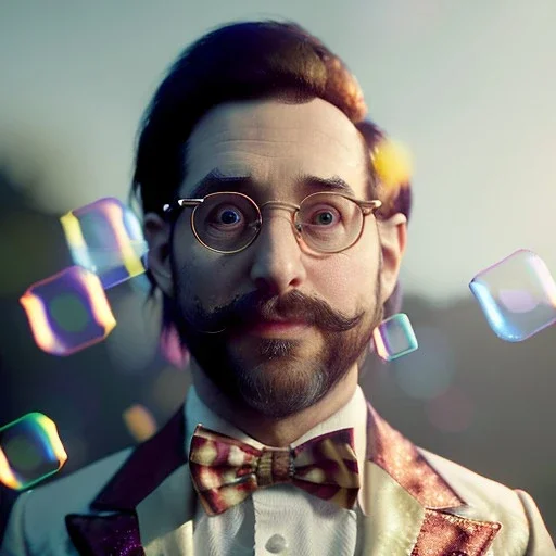 Ultra realistic circus scene. dancer man, waist up view, Wes Anderson style, happy, bubbles, confeti, dark ambient, highly detailed, concept art, unreal engine 5, god rays, ray tracing, RTX, lumen lighting, ultra detail, volumetric lighting, 3d, finely drawn, high definition, high resolution.