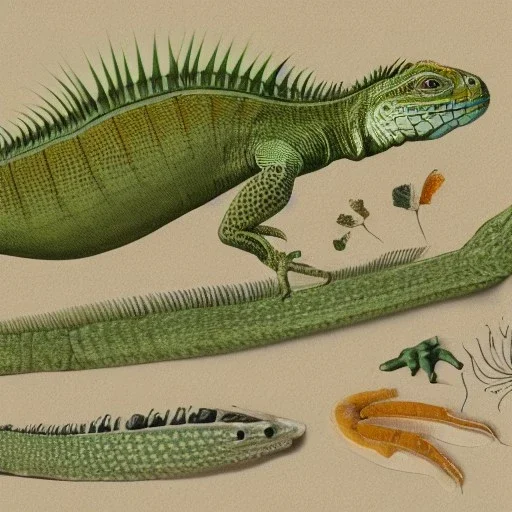 technical illustration of an iguana, botanical illustration, scientific illustration, highly detailed, marginalia