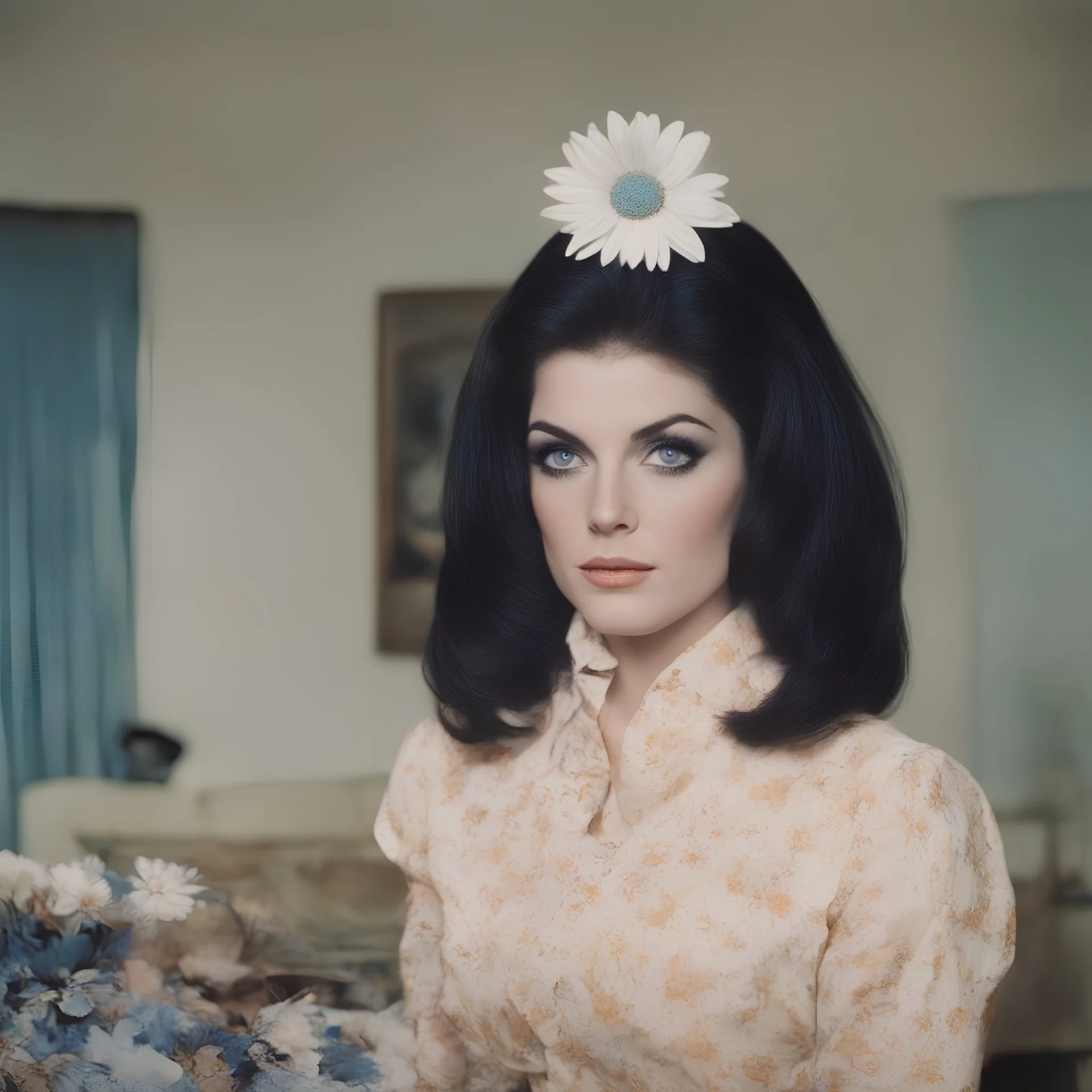 Priscilla presley, black hair, beehive, 1965, big blue eyes, daisies, in a living room,,autochrome