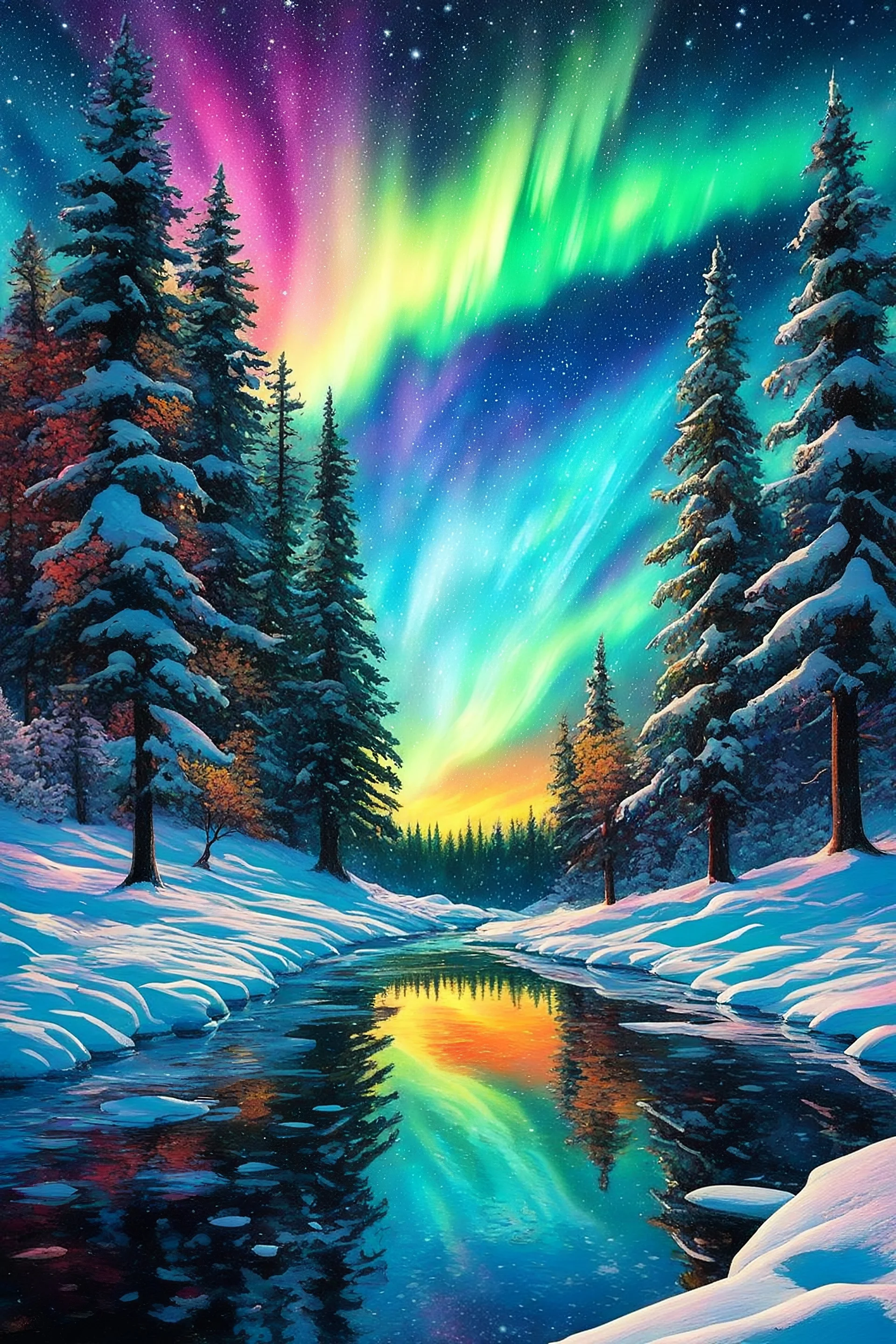 artistic, psychedelic image-a frozen river reflecting everything, on the sides a snow-covered forest of fir trees, the northern lights, silhouettes of deer in the distance, snowflakes- visionary, with ultra-high detail, colorful and vivid image of Saint Bento, strong psychedelic effects in the style of Van Gogh (playground).