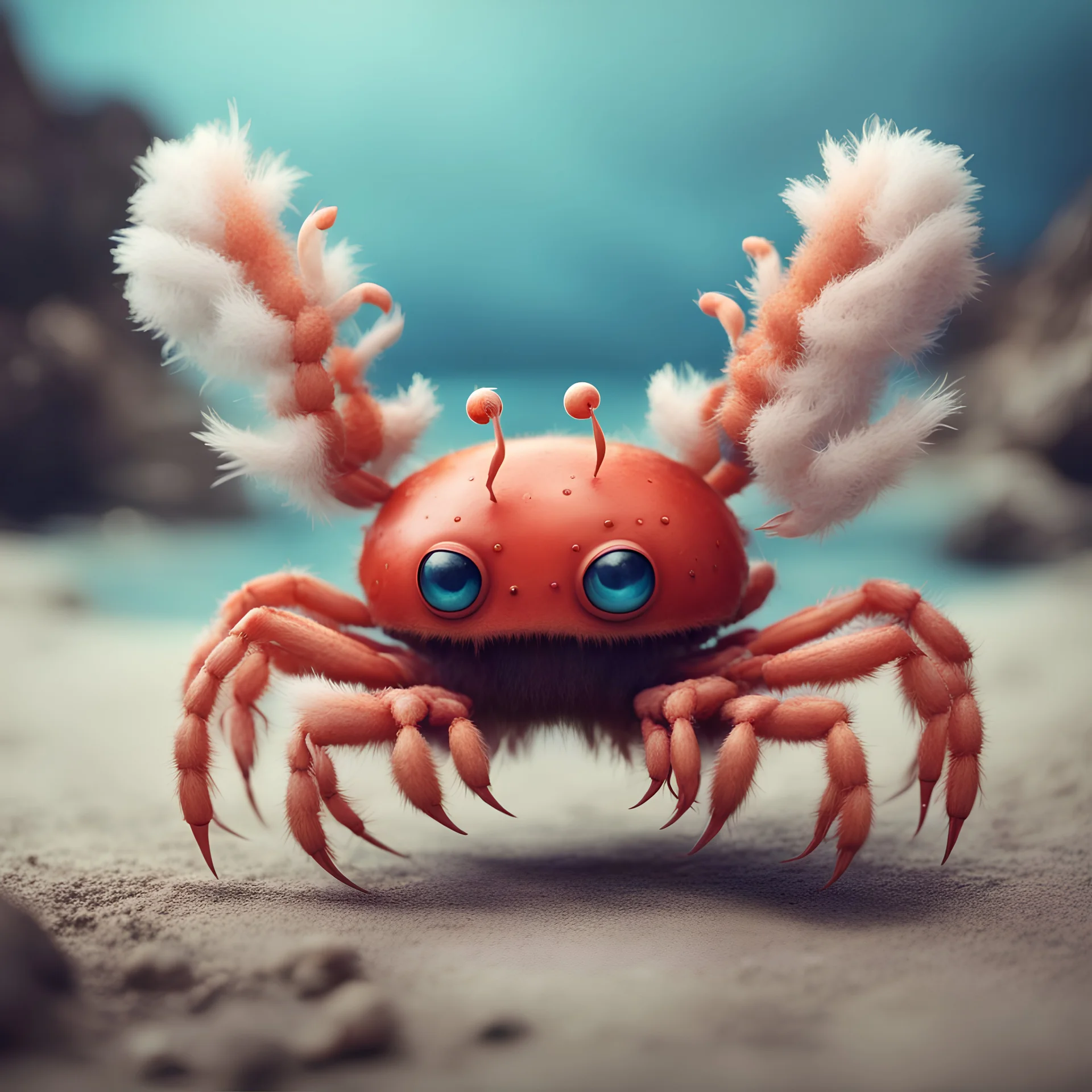 Fantasy Coastal Eyeless Creatures Oddly Turned Into Dangerous Viruses based on crabs with fluffy wings, funny legs, simple cute appearance, photo