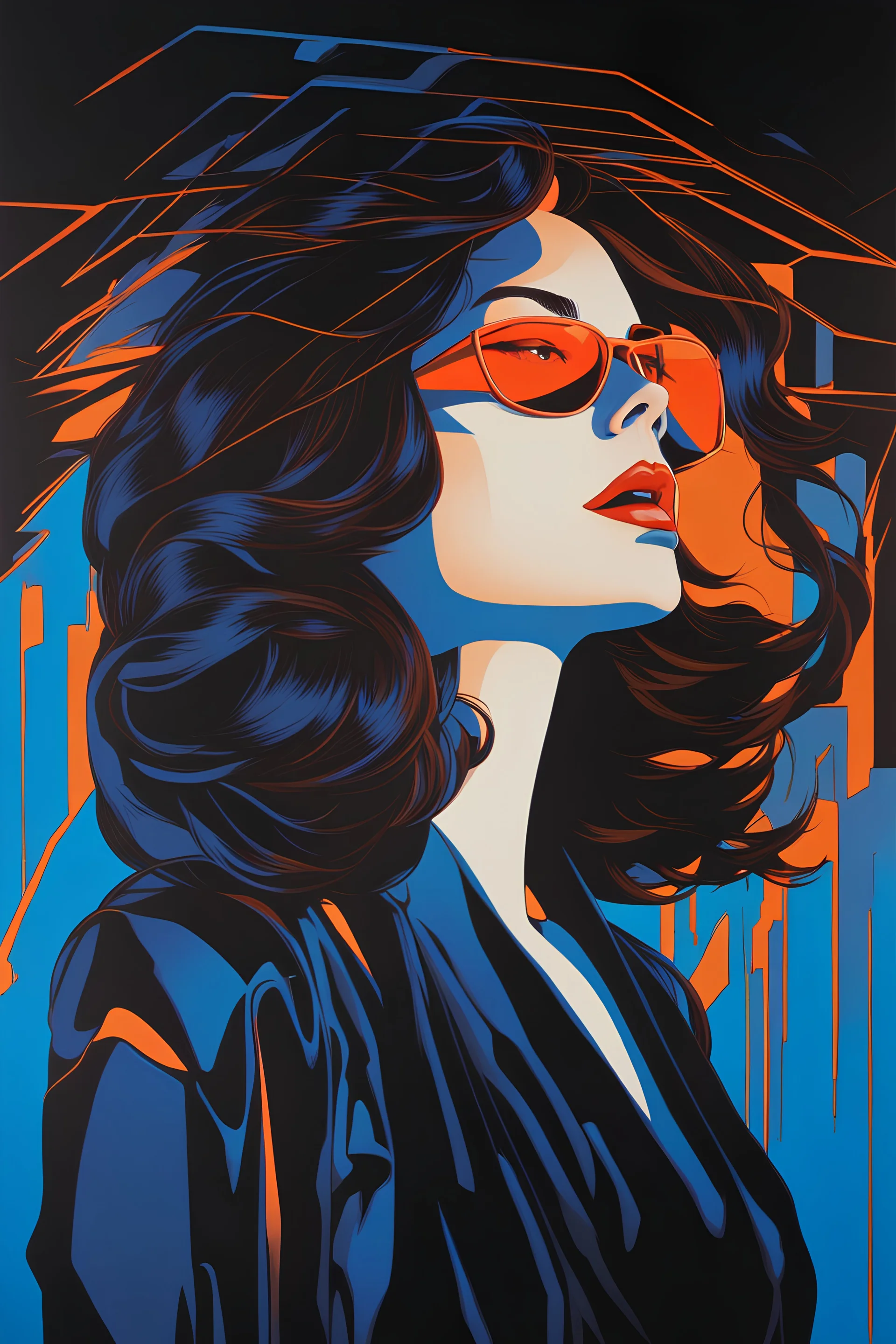 close-up ((head down ((((man)))) in sorrow-eyes closed)) - long floating brown hair ((shattered in many ghostly overprinted faces)) of women and men ((surrounding shadow faces)). Neon Blue to orange Dark mood, Oil neon painting Expressionit art ((80's horror poster)), Patrick Nagel, synthwave, Photo realistic.