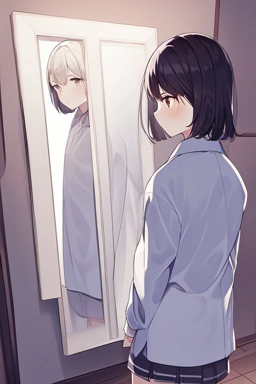 anime waifu wearing a pyjama shirt and a short skirt with her back turned to a mirror