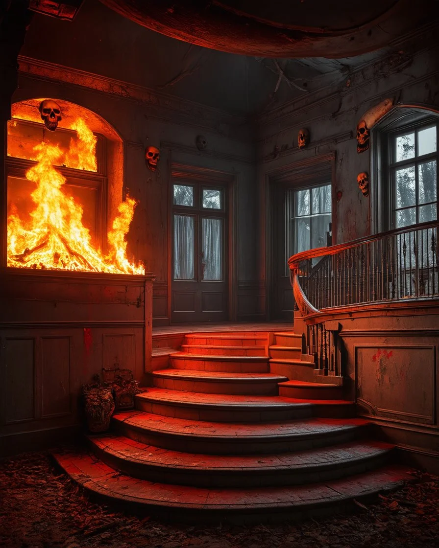 A creepy old house with windows fire inside with skulls and red paint on the walls Sweeping Staircase.