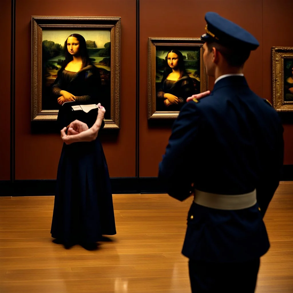 Mona Lisa comes out of the picture and kisses a young navy officer who is standing in the museum looking at her picture